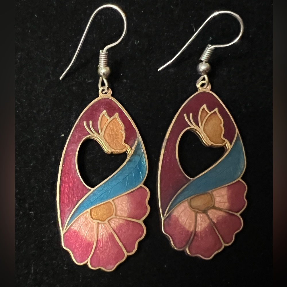 Cloisonné butterfly and flower dangle earrings